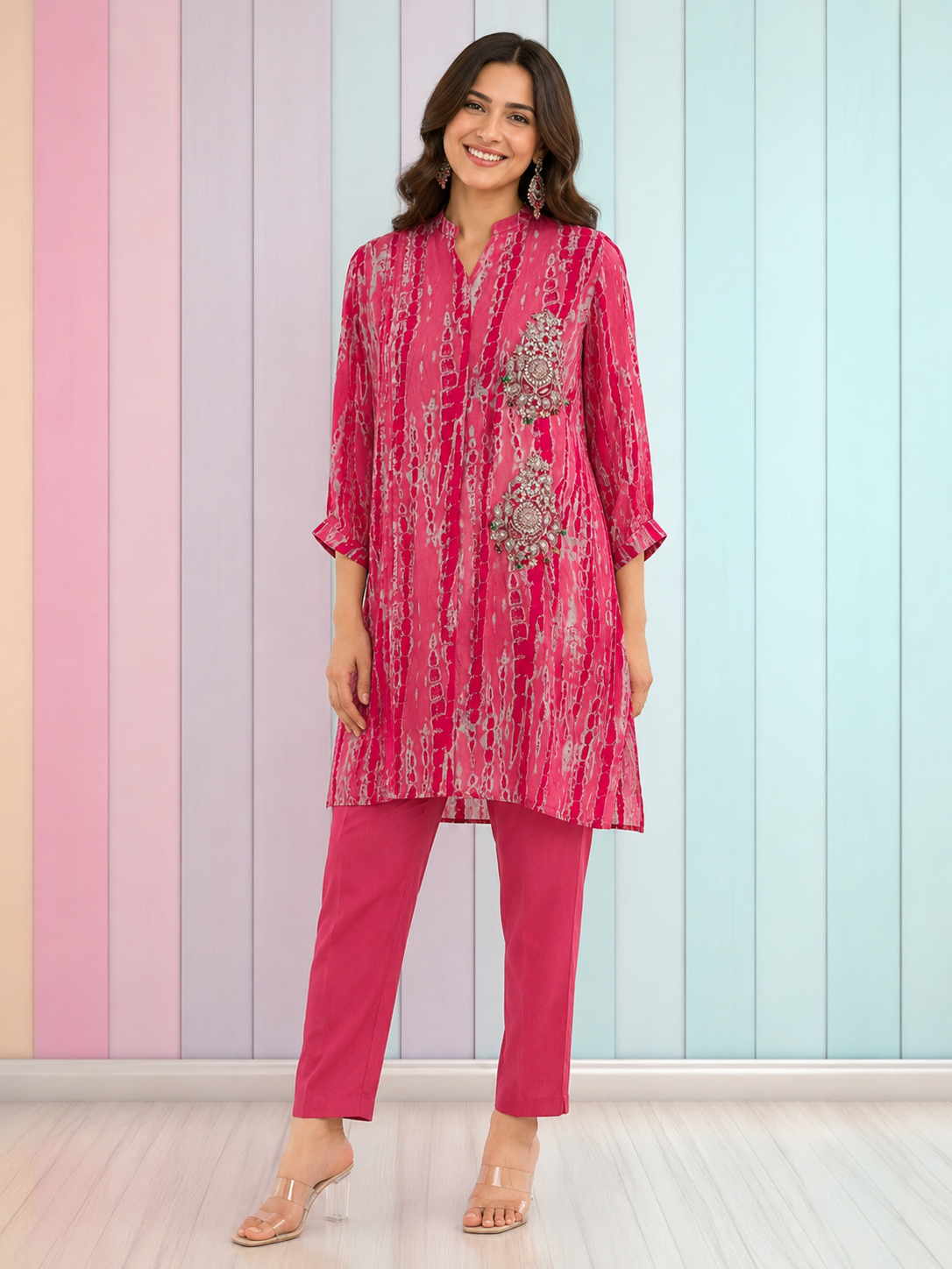 Fuchsia Moral Satin Printed Co-Ord Set with Gota Patti Embellishment