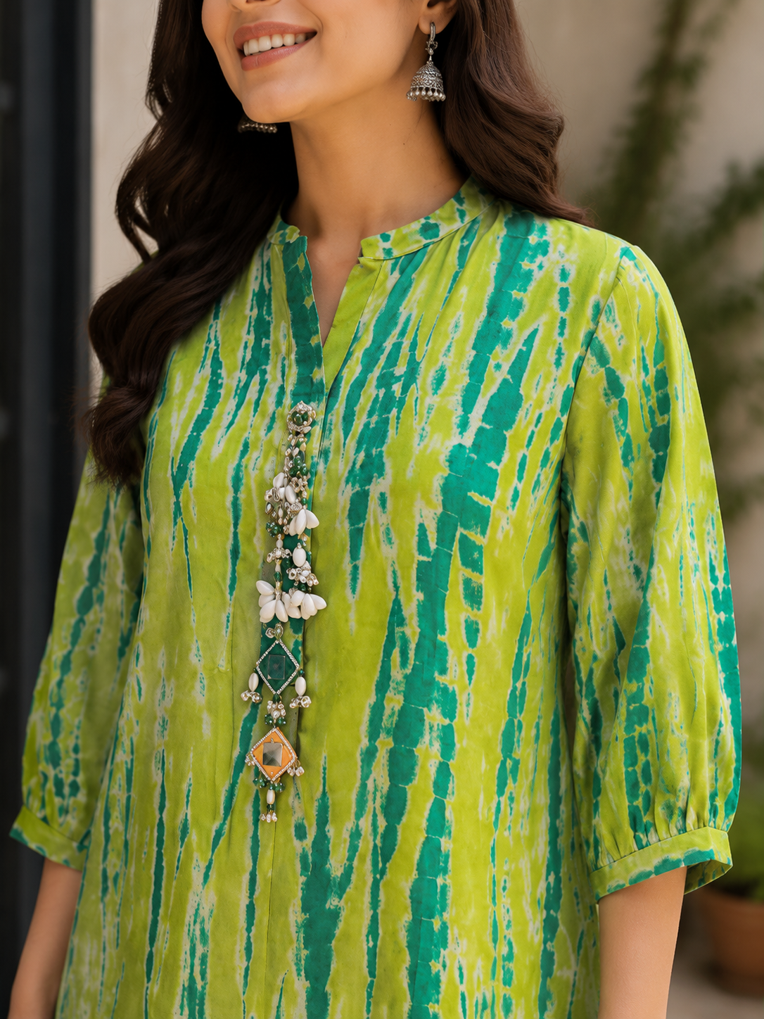 Lime Green Abstract Printed Flared Kurta