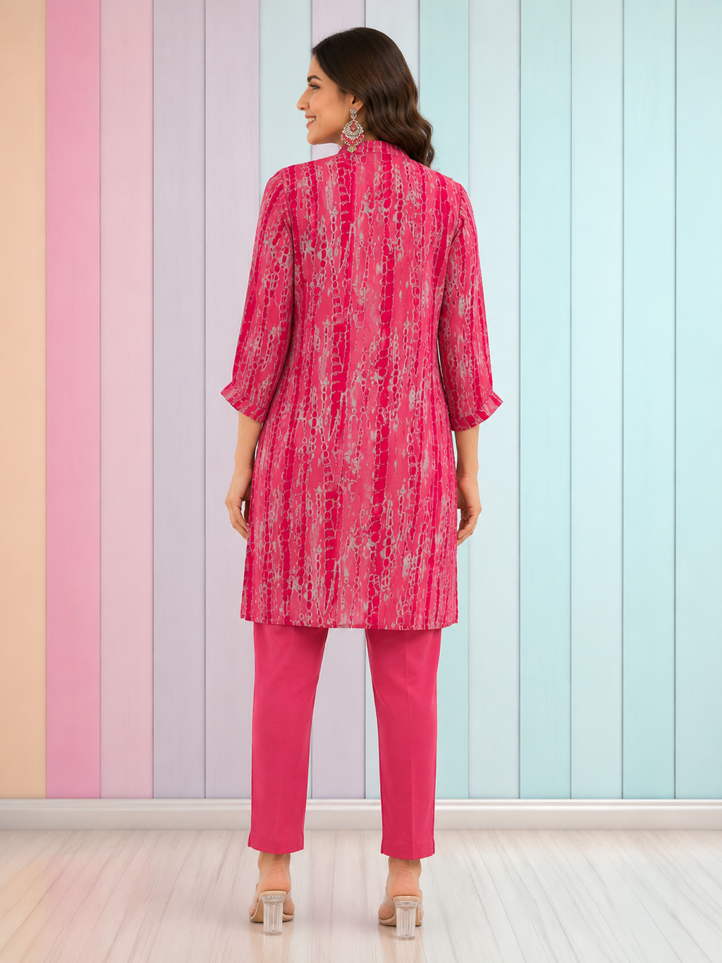 Fuchsia Moral Satin Printed Co-Ord Set with Gota Patti Embellishment