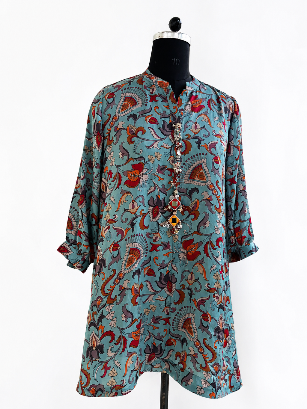 Dusty Teal Floral Paisley Printed Co-Ord Set With Embellished Neckline
