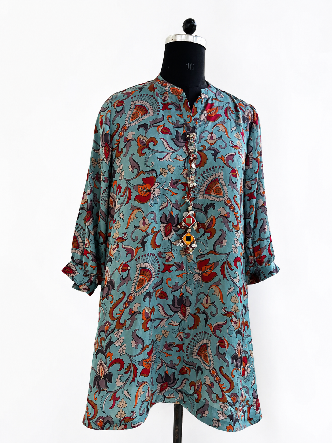 Dusty Teal Floral Paisley Printed Co-Ord Set With Embellished Neckline