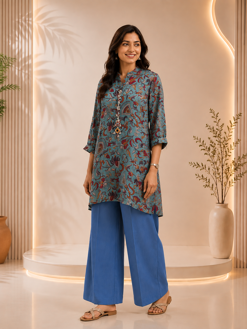 Dusty Teal Floral Paisley Printed Co-Ord Set With Embellished Neckline
