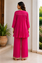 Fuchsia Pink Embroidered Flared Co-Ord Set