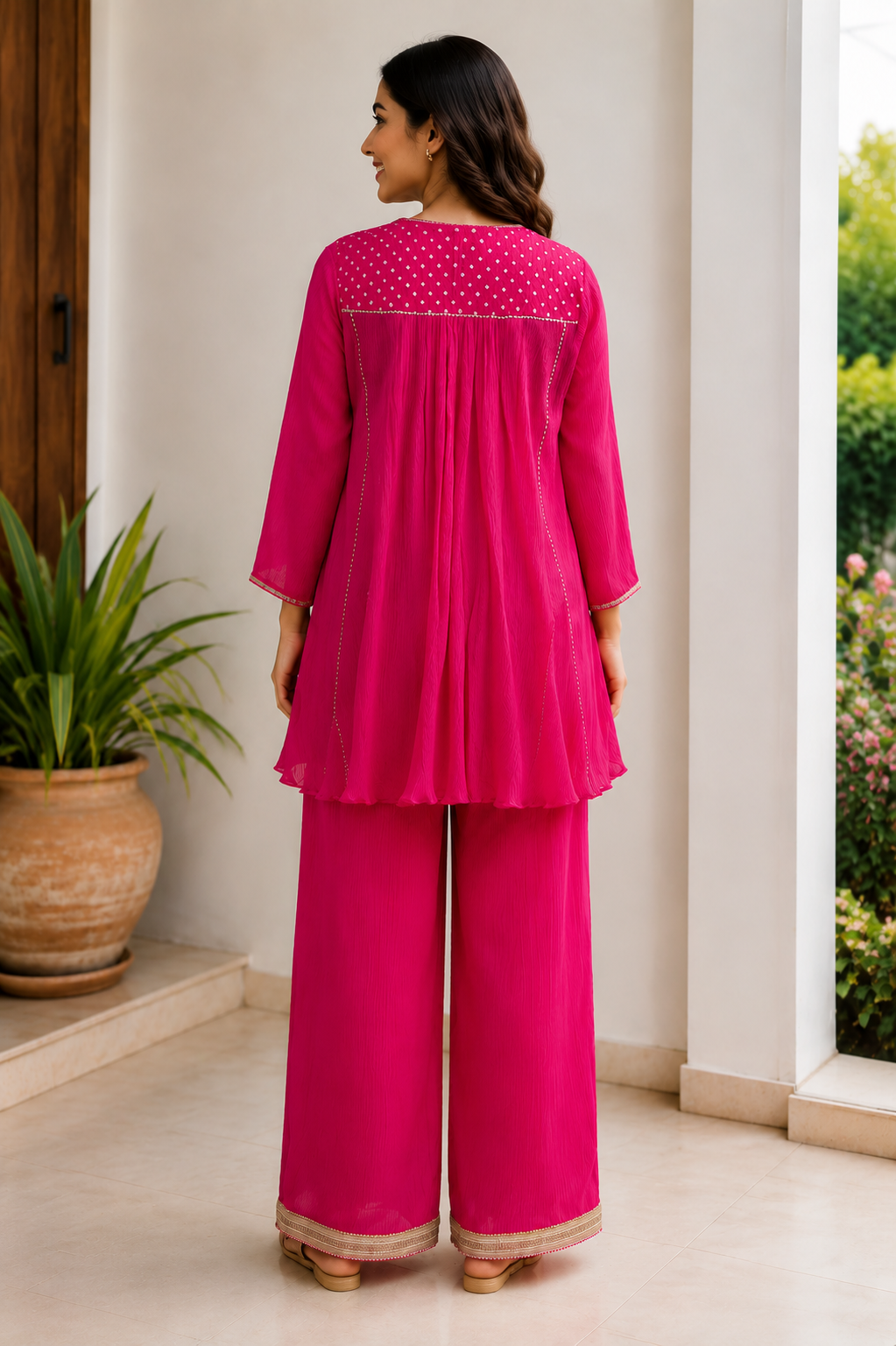 Fuchsia Pink Embroidered Flared Co-Ord Set
