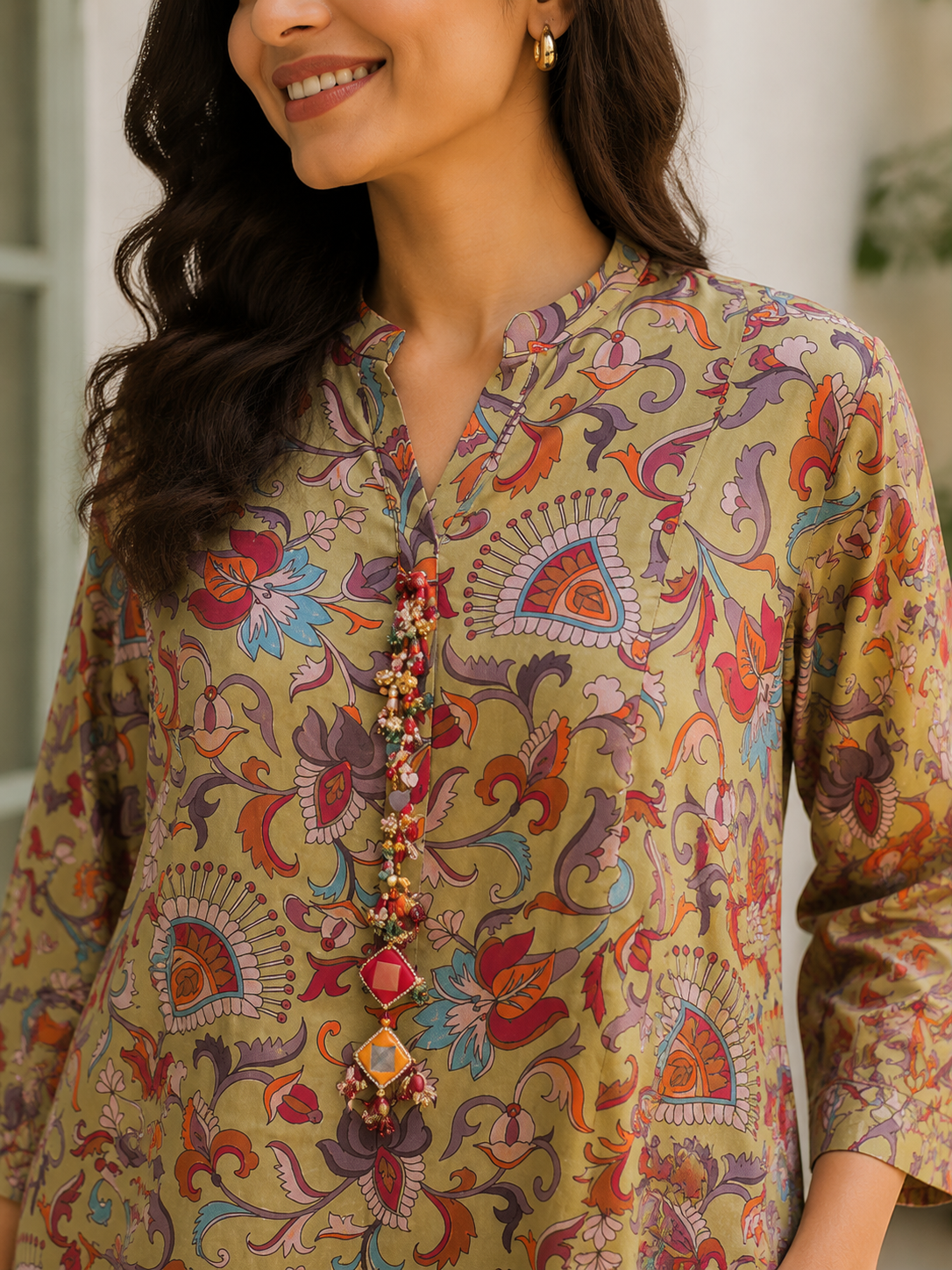 Olive Floral Printed A-Line Kurta with Straight Pants Set