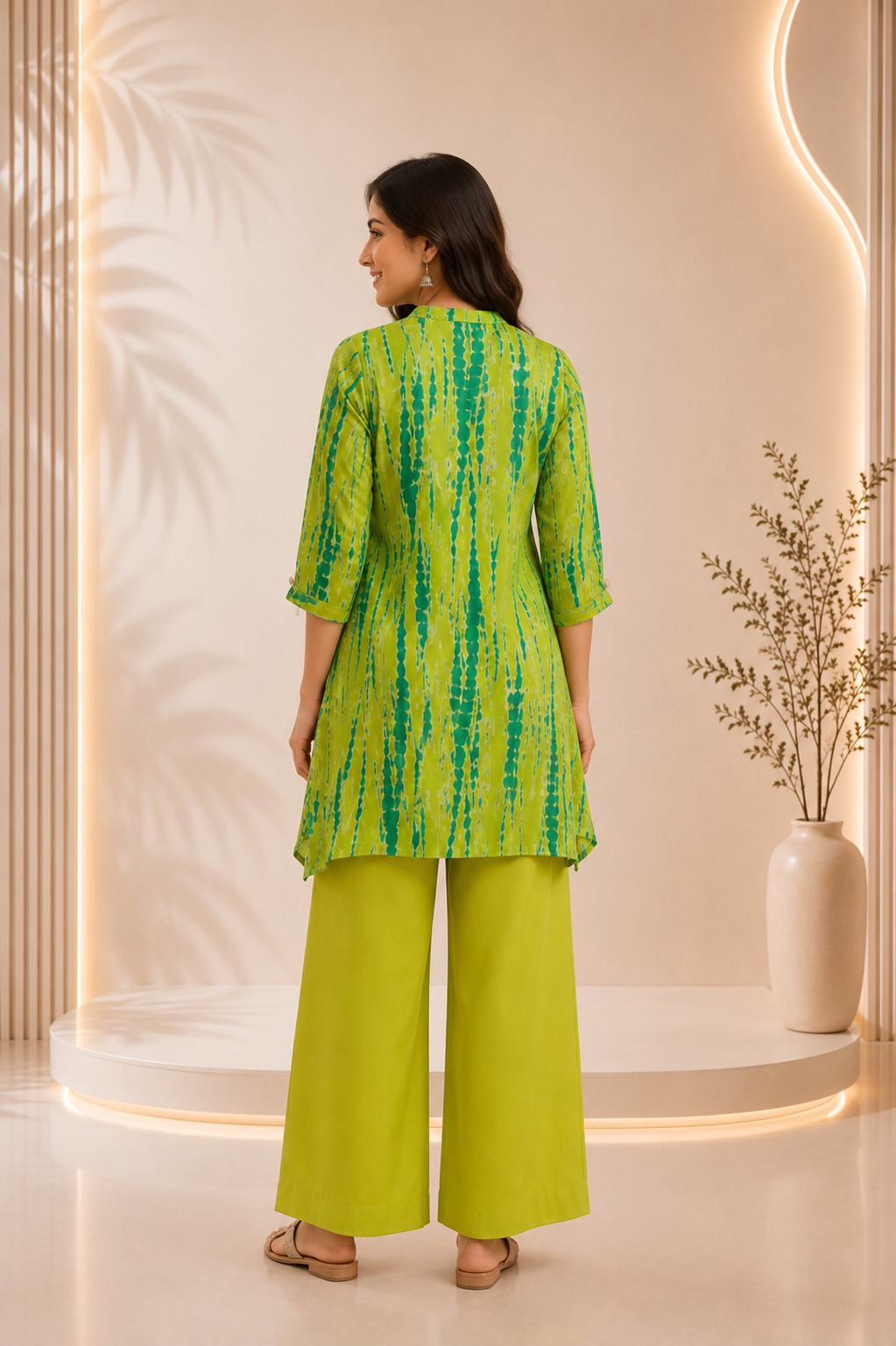 Lime Green Abstract Printed Flared Kurta Co-ord Set